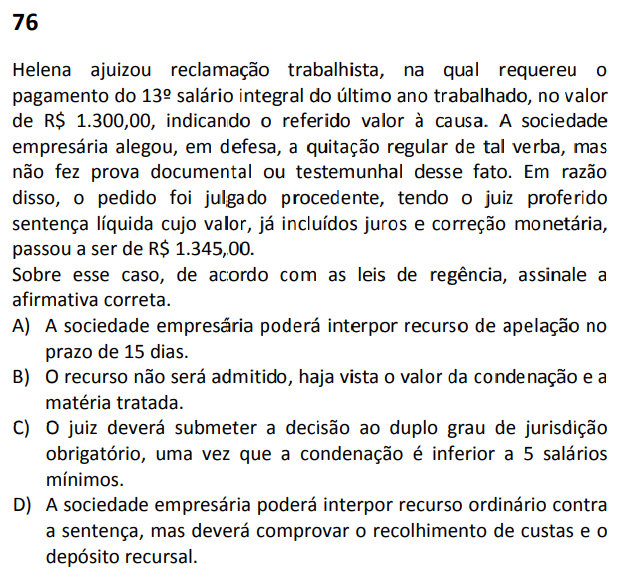 Questão 76 - Prova Tipo 2 (Verde) - XXXII Exame de Ordem